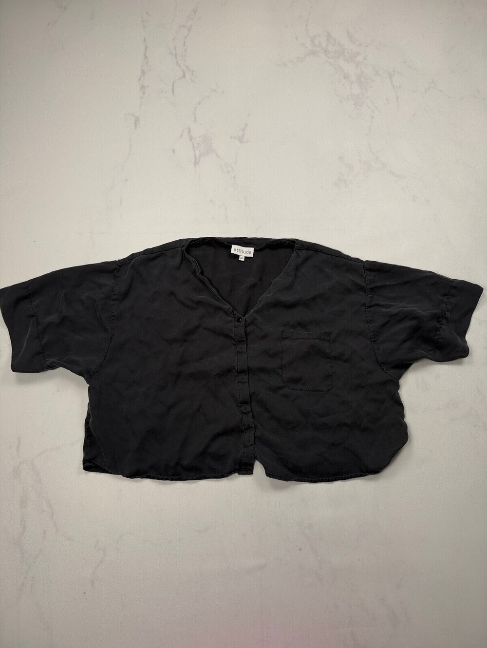 Ettitude Button-Up Blouse Black Modern Minimalist Cropped - Womens L/XL